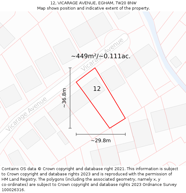 12, VICARAGE AVENUE, EGHAM, TW20 8NW: Plot and title map