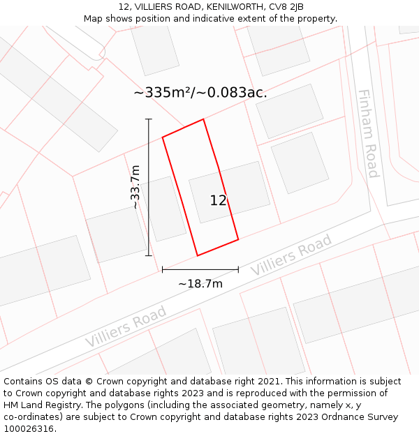 12, VILLIERS ROAD, KENILWORTH, CV8 2JB: Plot and title map