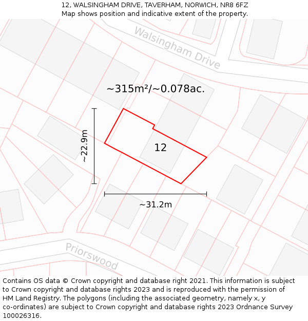 12, WALSINGHAM DRIVE, TAVERHAM, NORWICH, NR8 6FZ: Plot and title map
