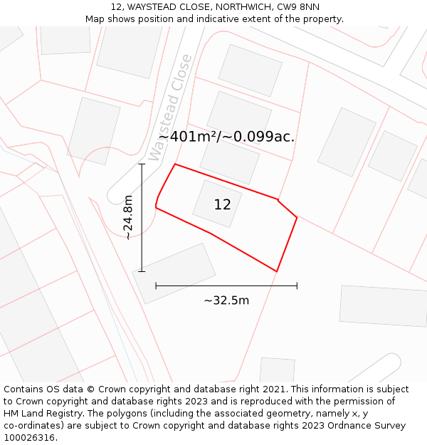 12, WAYSTEAD CLOSE, NORTHWICH, CW9 8NN: Plot and title map