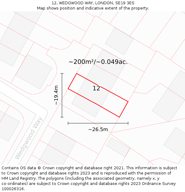 12, WEDGWOOD WAY, LONDON, SE19 3ES: Plot and title map