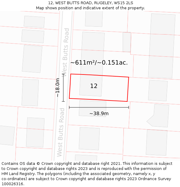 12, WEST BUTTS ROAD, RUGELEY, WS15 2LS: Plot and title map