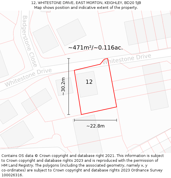 12, WHITESTONE DRIVE, EAST MORTON, KEIGHLEY, BD20 5JB: Plot and title map