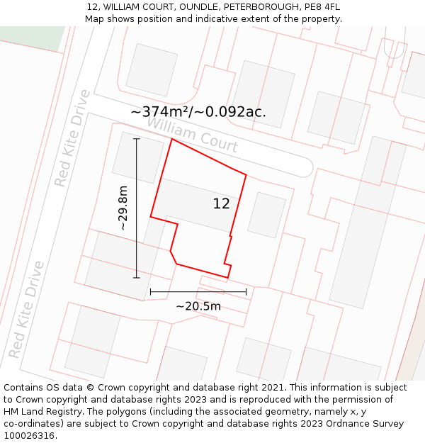 12, WILLIAM COURT, OUNDLE, PETERBOROUGH, PE8 4FL: Plot and title map