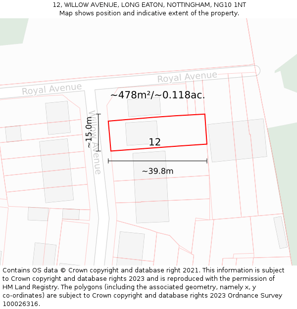 12, WILLOW AVENUE, LONG EATON, NOTTINGHAM, NG10 1NT: Plot and title map