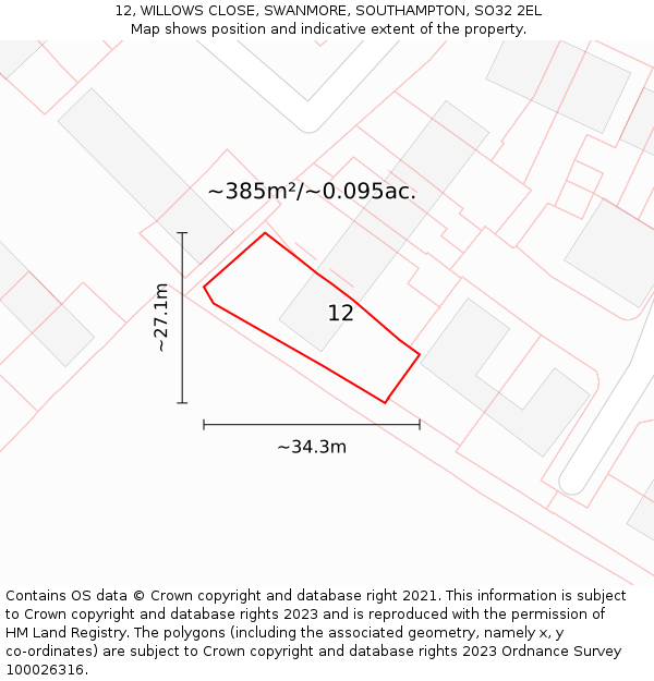 12, WILLOWS CLOSE, SWANMORE, SOUTHAMPTON, SO32 2EL: Plot and title map