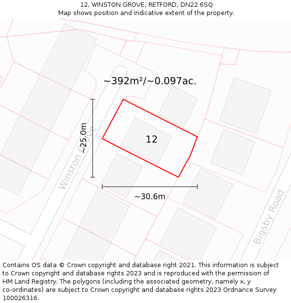 12, WINSTON GROVE, RETFORD, DN22 6SQ: Plot and title map