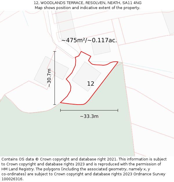 12, WOODLANDS TERRACE, RESOLVEN, NEATH, SA11 4NG: Plot and title map