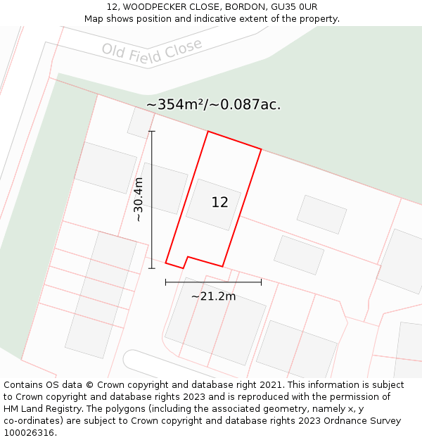 12, WOODPECKER CLOSE, BORDON, GU35 0UR: Plot and title map