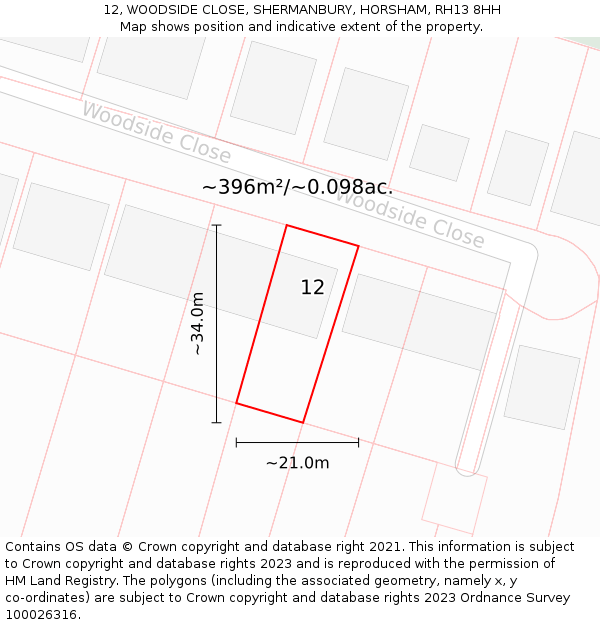 12, WOODSIDE CLOSE, SHERMANBURY, HORSHAM, RH13 8HH: Plot and title map