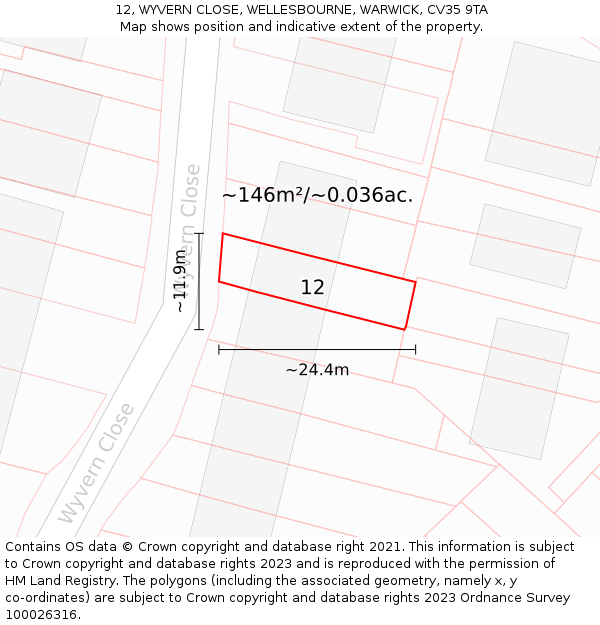 12, WYVERN CLOSE, WELLESBOURNE, WARWICK, CV35 9TA: Plot and title map