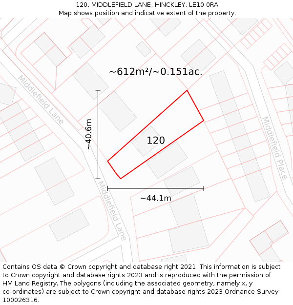 120, MIDDLEFIELD LANE, HINCKLEY, LE10 0RA: Plot and title map