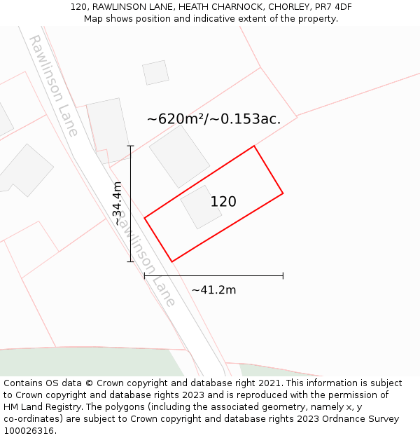 120, RAWLINSON LANE, HEATH CHARNOCK, CHORLEY, PR7 4DF: Plot and title map