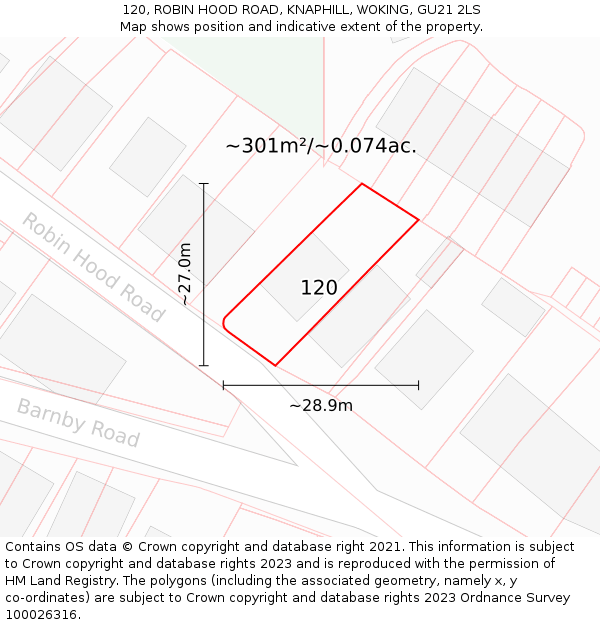 120, ROBIN HOOD ROAD, KNAPHILL, WOKING, GU21 2LS: Plot and title map