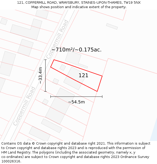 121, COPPERMILL ROAD, WRAYSBURY, STAINES-UPON-THAMES, TW19 5NX: Plot and title map