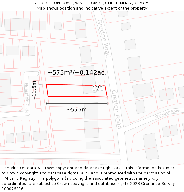 121, GRETTON ROAD, WINCHCOMBE, CHELTENHAM, GL54 5EL: Plot and title map