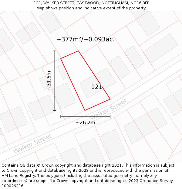 121, WALKER STREET, EASTWOOD, NOTTINGHAM, NG16 3FP: Plot and title map