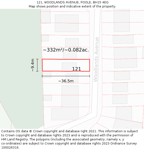 121, WOODLANDS AVENUE, POOLE, BH15 4EG: Plot and title map