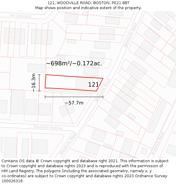 121, WOODVILLE ROAD, BOSTON, PE21 8BT: Plot and title map