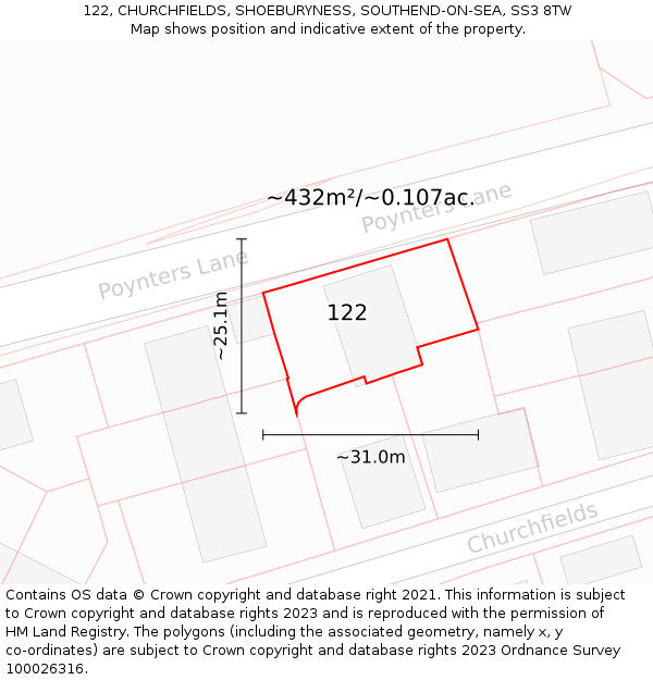 122, CHURCHFIELDS, SHOEBURYNESS, SOUTHEND-ON-SEA, SS3 8TW: Plot and title map