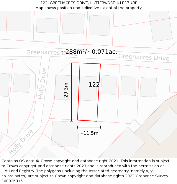 122, GREENACRES DRIVE, LUTTERWORTH, LE17 4RP: Plot and title map