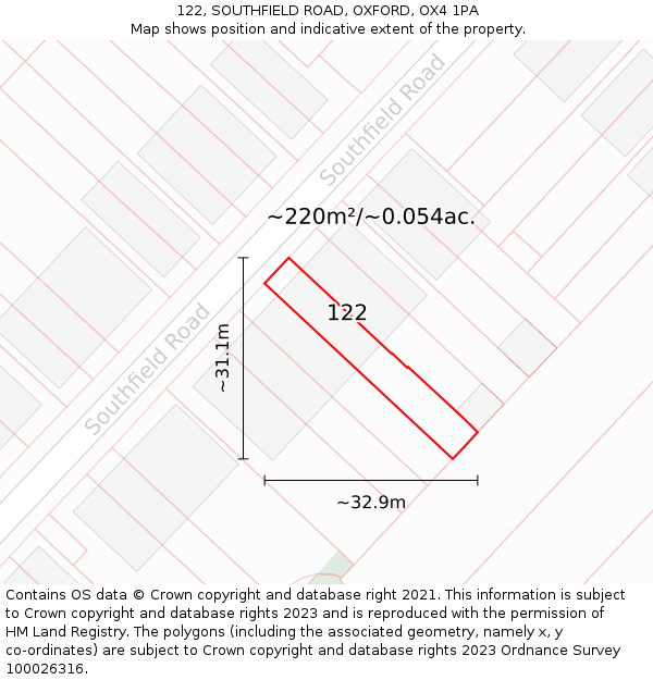 122, SOUTHFIELD ROAD, OXFORD, OX4 1PA: Plot and title map