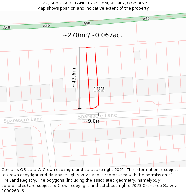 122, SPAREACRE LANE, EYNSHAM, WITNEY, OX29 4NP: Plot and title map