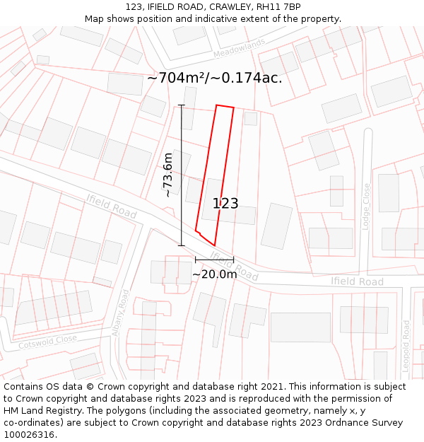 123, IFIELD ROAD, CRAWLEY, RH11 7BP: Plot and title map