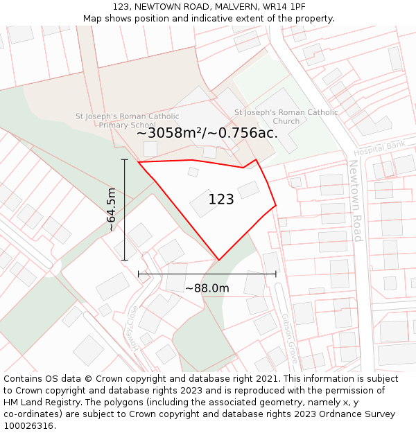 123, NEWTOWN ROAD, MALVERN, WR14 1PF: Plot and title map