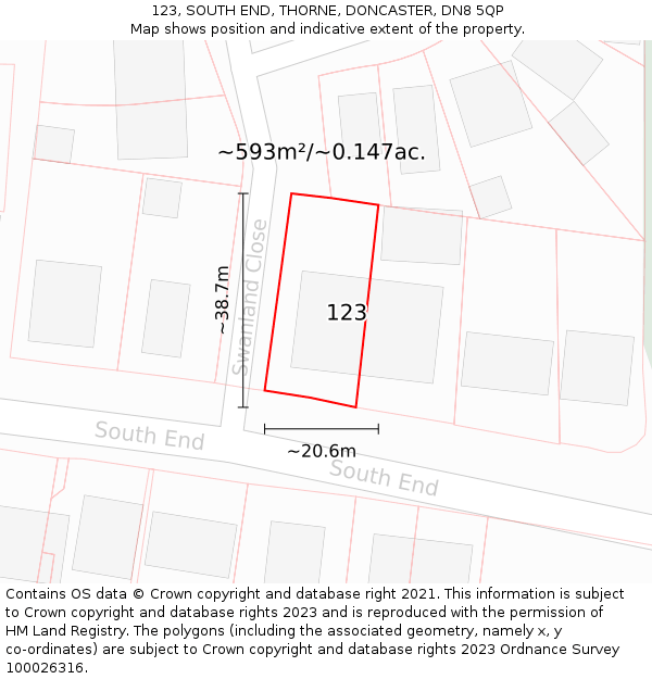 123, SOUTH END, THORNE, DONCASTER, DN8 5QP: Plot and title map