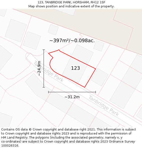 123, TANBRIDGE PARK, HORSHAM, RH12 1SF: Plot and title map