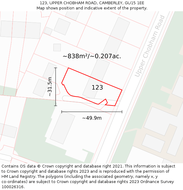 123, UPPER CHOBHAM ROAD, CAMBERLEY, GU15 1EE: Plot and title map