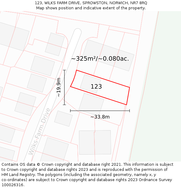 123, WILKS FARM DRIVE, SPROWSTON, NORWICH, NR7 8RQ: Plot and title map