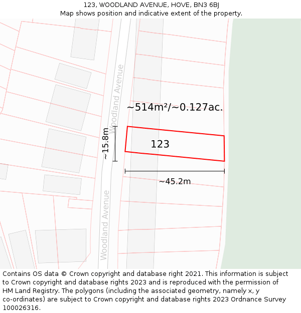 123, WOODLAND AVENUE, HOVE, BN3 6BJ: Plot and title map