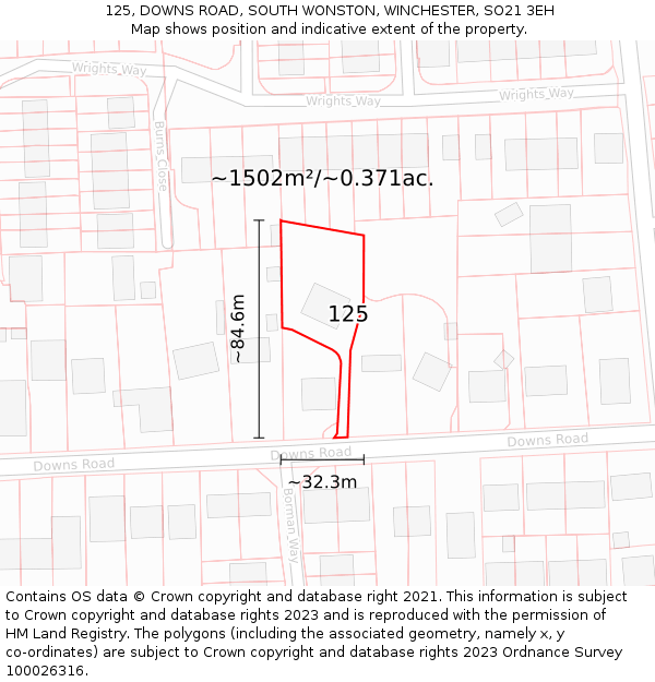 125, DOWNS ROAD, SOUTH WONSTON, WINCHESTER, SO21 3EH: Plot and title map