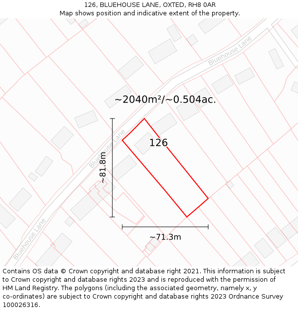 126, BLUEHOUSE LANE, OXTED, RH8 0AR: Plot and title map