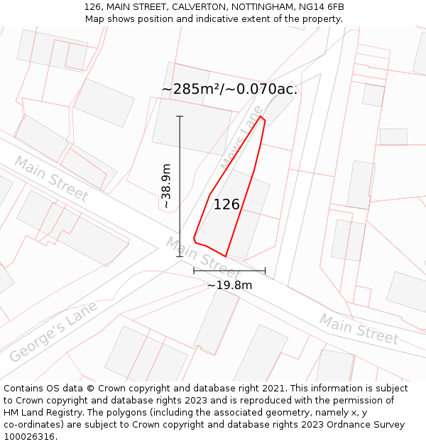 126, MAIN STREET, CALVERTON, NOTTINGHAM, NG14 6FB: Plot and title map