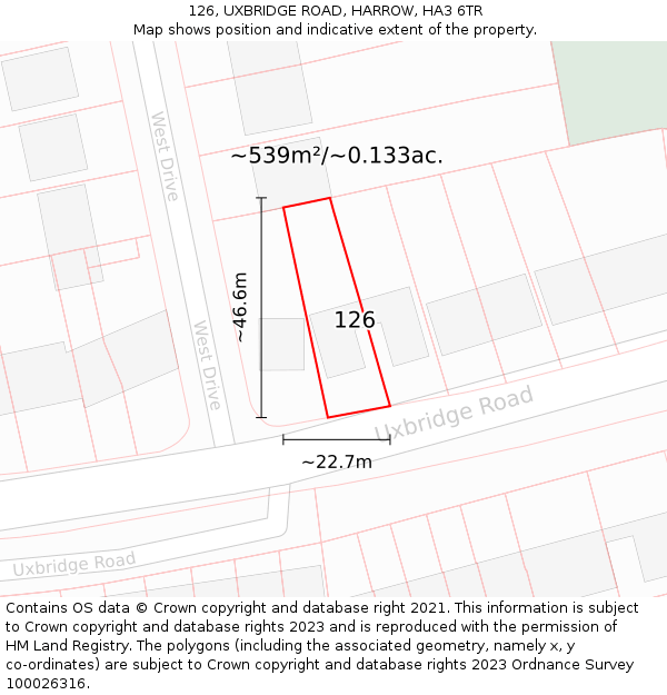 126, UXBRIDGE ROAD, HARROW, HA3 6TR: Plot and title map