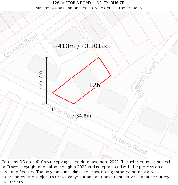 126, VICTORIA ROAD, HORLEY, RH6 7BL: Plot and title map