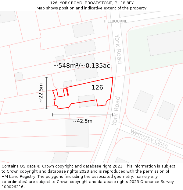 126, YORK ROAD, BROADSTONE, BH18 8EY: Plot and title map