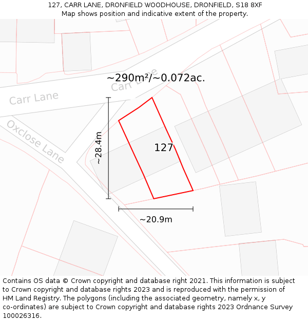 127, CARR LANE, DRONFIELD WOODHOUSE, DRONFIELD, S18 8XF: Plot and title map