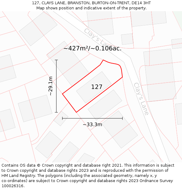 127, CLAYS LANE, BRANSTON, BURTON-ON-TRENT, DE14 3HT: Plot and title map