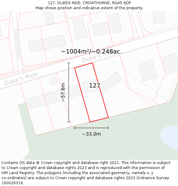 127, DUKES RIDE, CROWTHORNE, RG45 6DP: Plot and title map