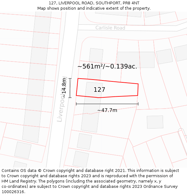 127, LIVERPOOL ROAD, SOUTHPORT, PR8 4NT: Plot and title map