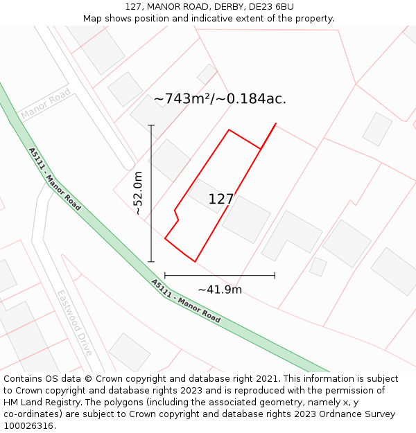 127, MANOR ROAD, DERBY, DE23 6BU: Plot and title map