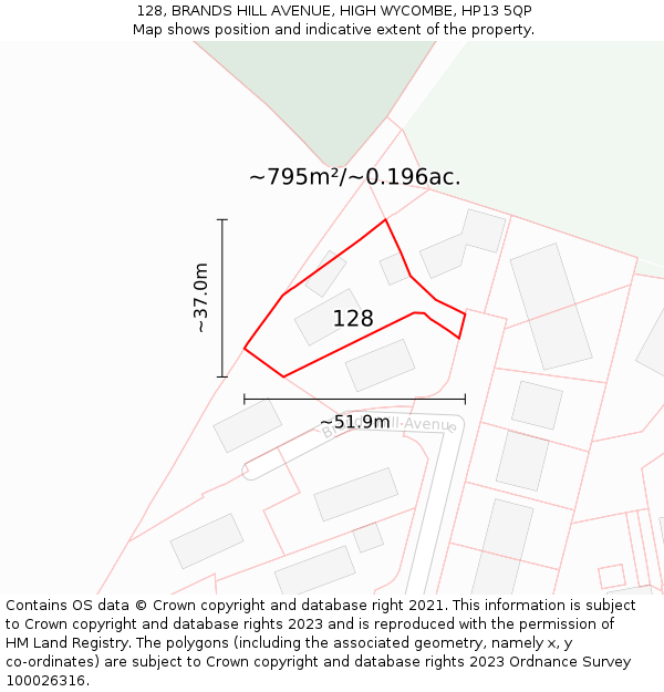 128, BRANDS HILL AVENUE, HIGH WYCOMBE, HP13 5QP: Plot and title map