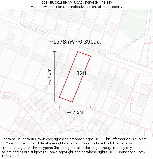 128, BUCKLESHAM ROAD, IPSWICH, IP3 8TY: Plot and title map