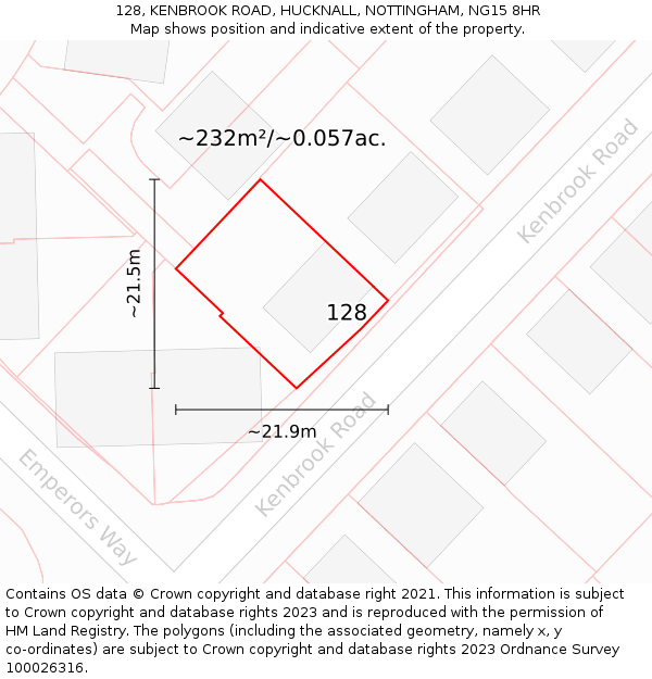 128, KENBROOK ROAD, HUCKNALL, NOTTINGHAM, NG15 8HR: Plot and title map