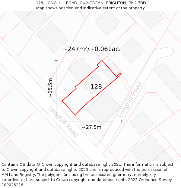 128, LONGHILL ROAD, OVINGDEAN, BRIGHTON, BN2 7BD: Plot and title map