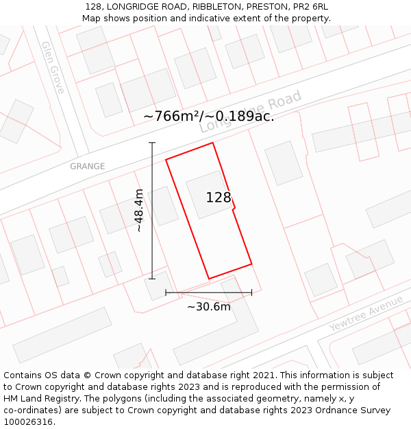 128, LONGRIDGE ROAD, RIBBLETON, PRESTON, PR2 6RL: Plot and title map